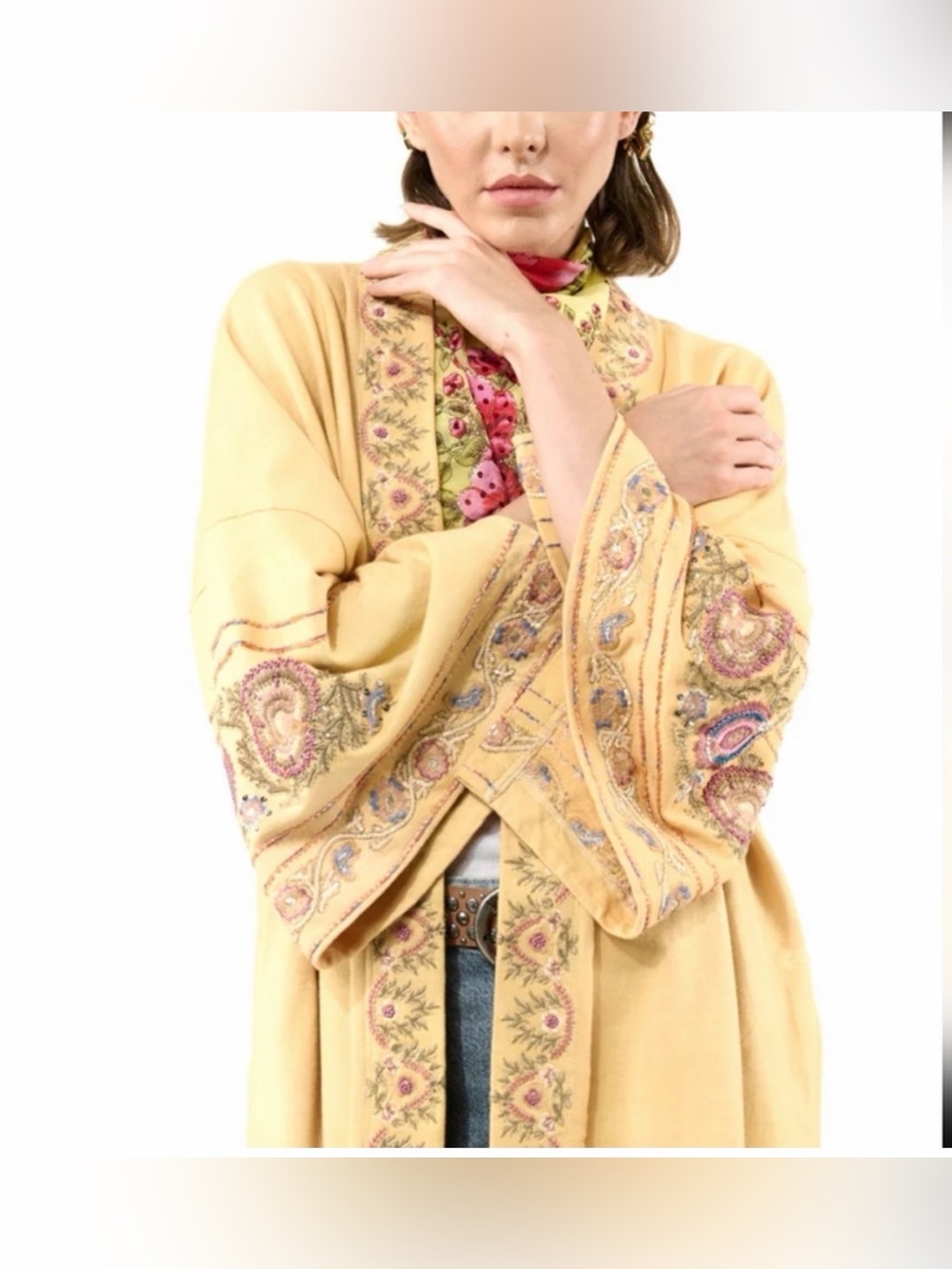 Aratta Juliette Floral Embroidered Embellished French Terry Kimono Jacket Ivory